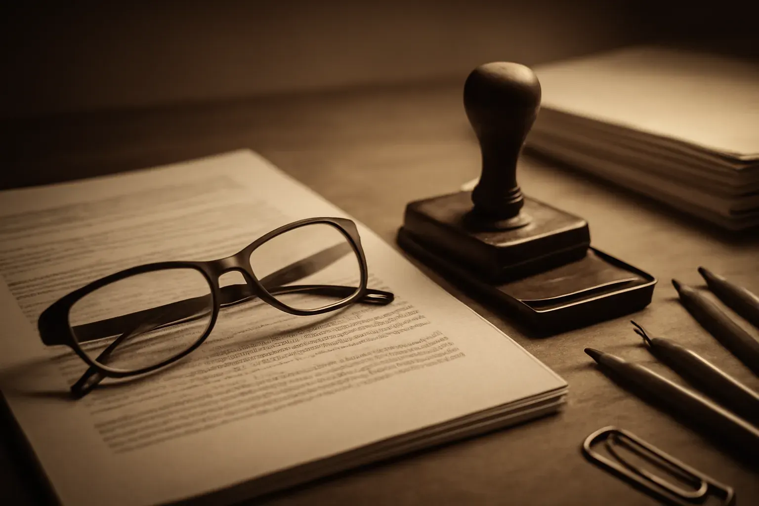 A desk with translated documents, a stamp and reading glasses.