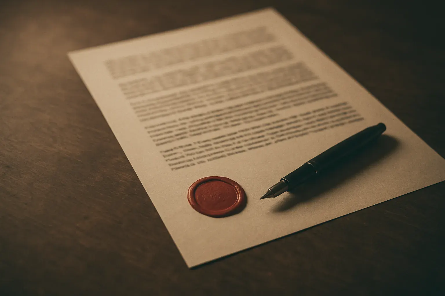 A stamped and signed translated document, angled on a desk.